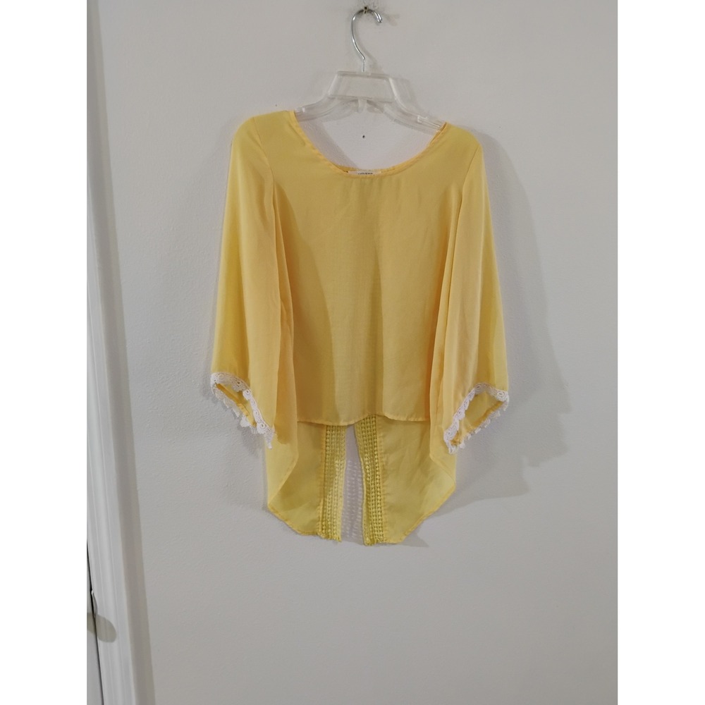 Umgee USA Yellow Boho Lace Trim Split Back Blouse Small